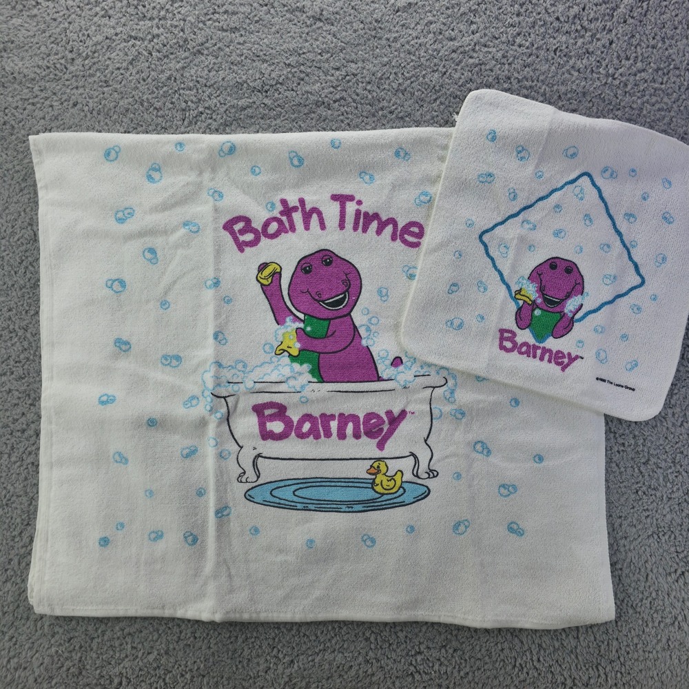 Vintage 1992 Barney the Dinosaur Bath Towel and Washcloth Set Lyons Group 90s